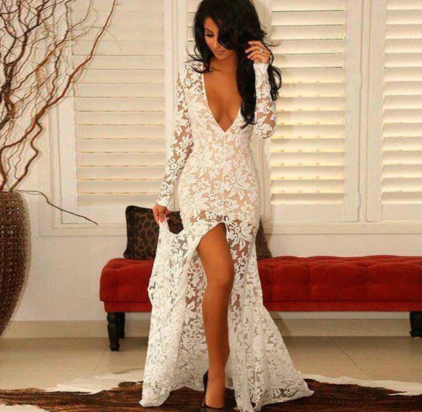 White Laced Dress (with slit)