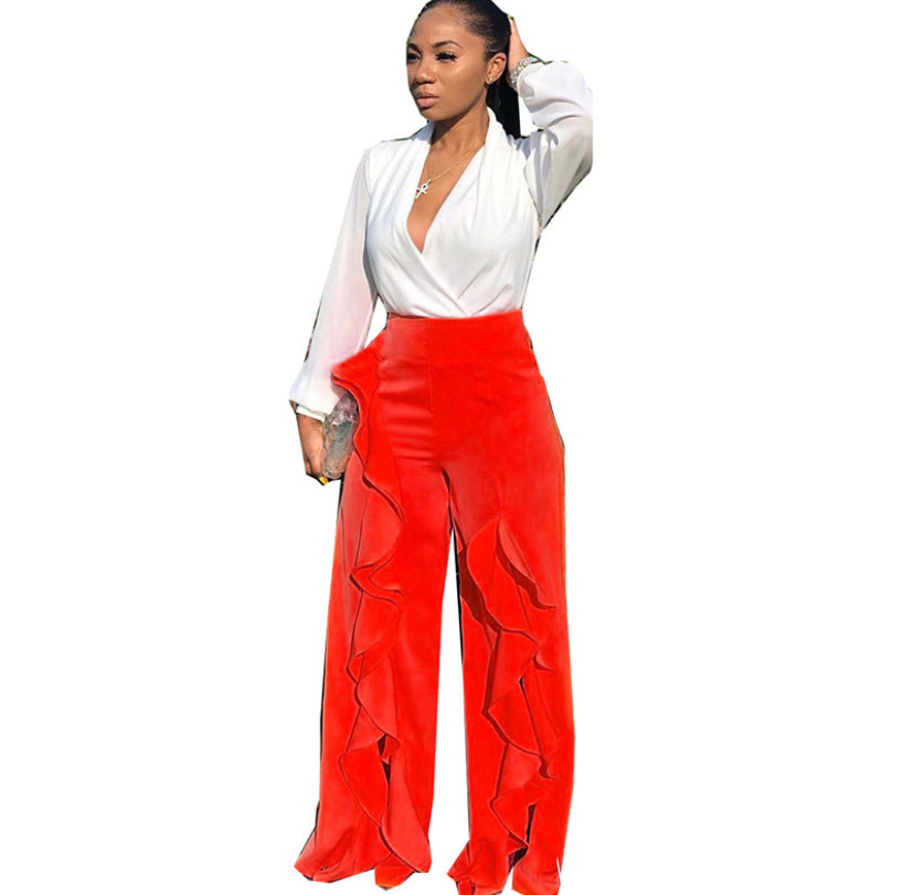 Red High Waisted Ruffled Pants