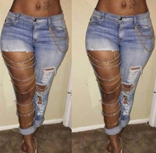 Load image into Gallery viewer, Blue Patchwork Jeans w/ Chains
