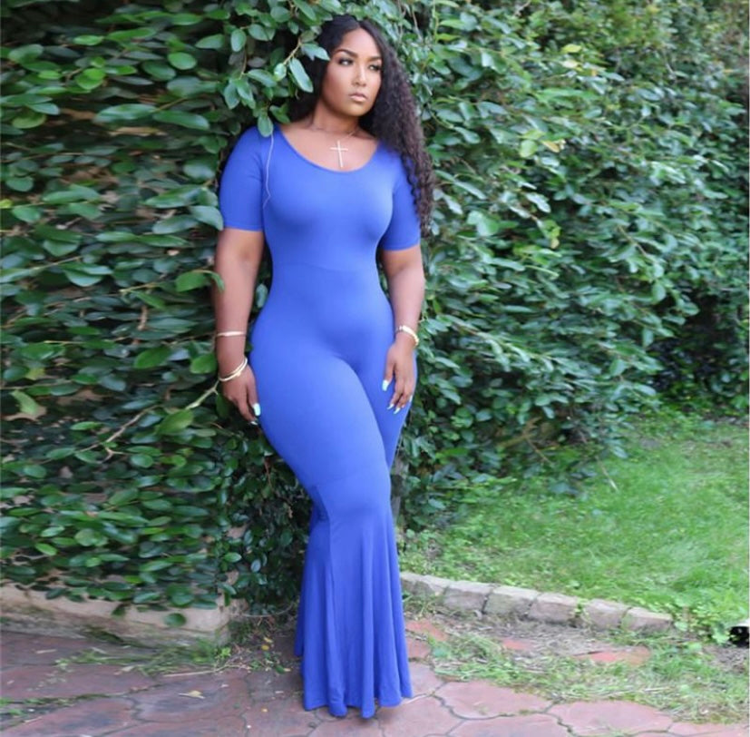 Blue Short Sleeve Flare Jumpsuit